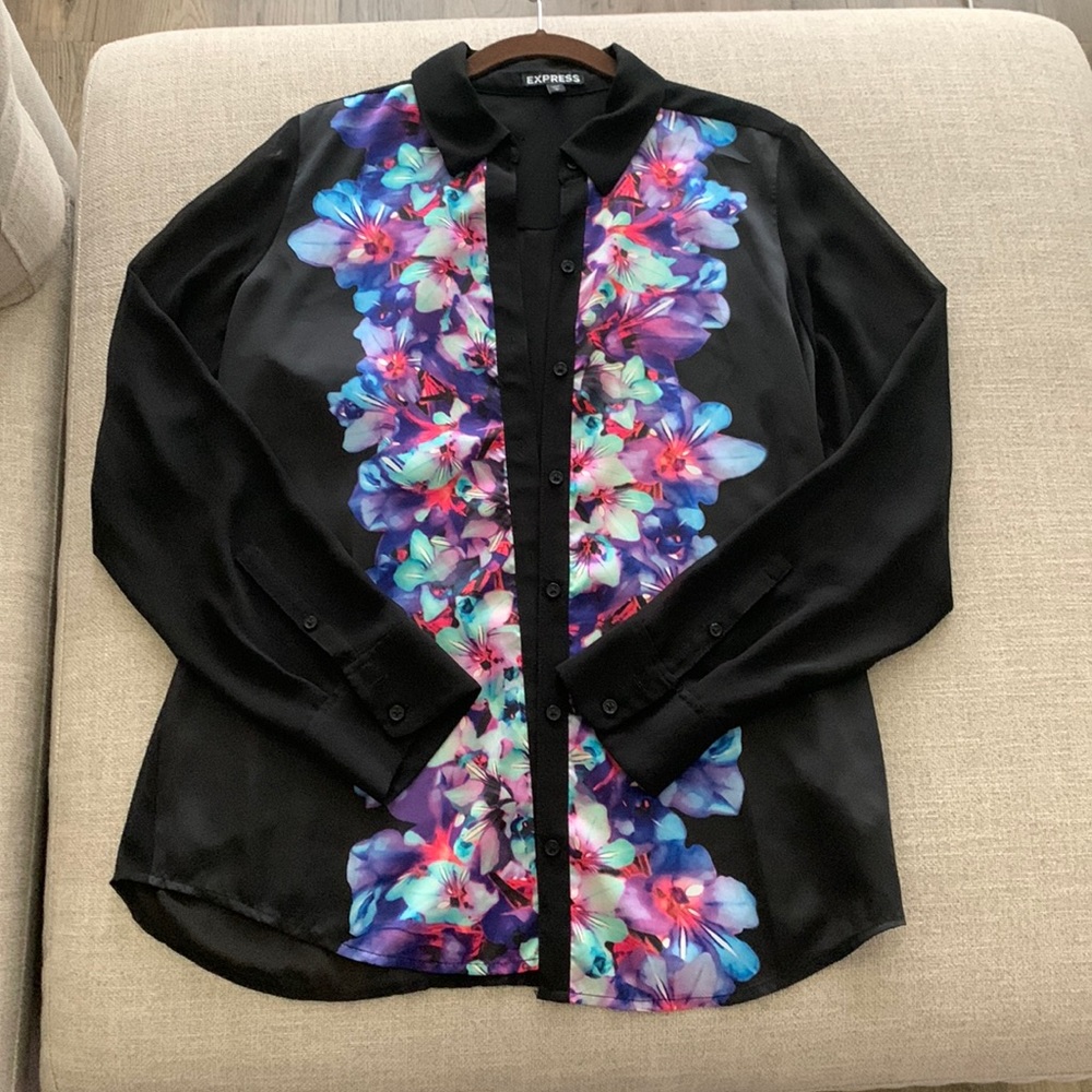 Black/floral long sleeve sheer-back blouse from Express, size Woman's medium